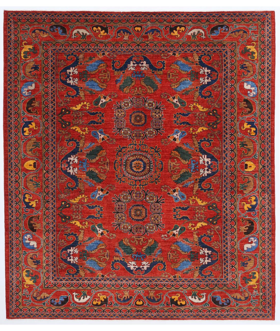 Hand Knotted Nomadic Caucasian Humna Wool Rug - 8'7'' x 9'9'' 8' 7" X 9' 9" ( 262 X 297 ) / Red / N/A