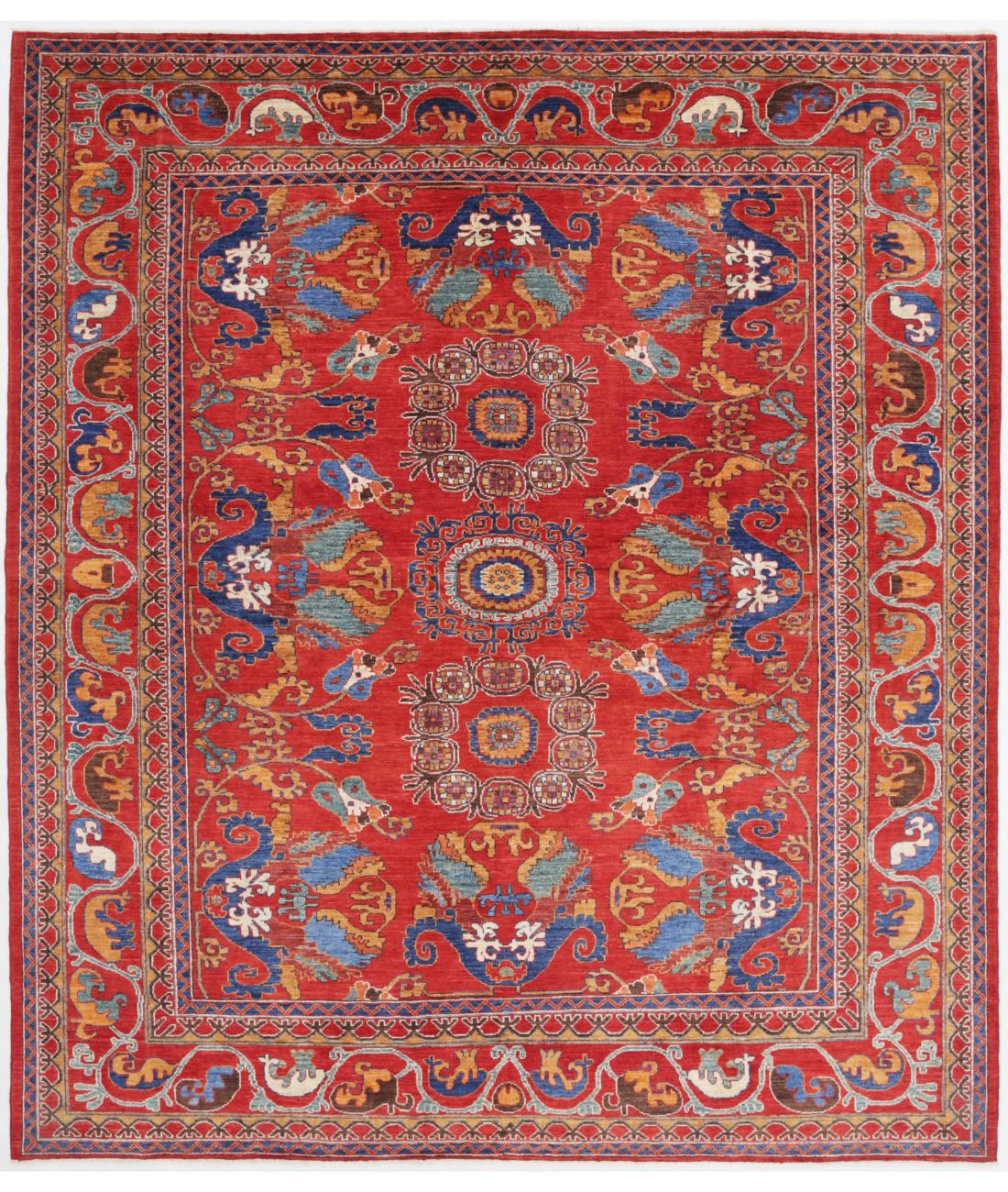 Hand Knotted Nomadic Caucasian Humna Wool Rug - 8'2'' x 9'5'' 8' 2" X 9' 5" ( 249 X 287 ) / Red / Blue