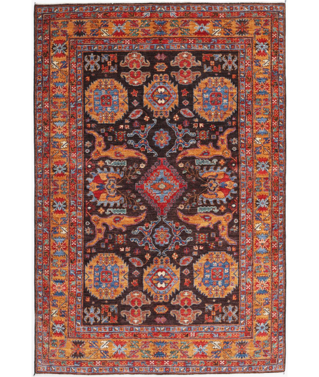 Hand Knotted Nomadic Caucasian Humna Wool Rug - 5'11'' x 8'11'' 5' 11" X 8' 11" ( 180 X 272 ) / Charcoal / Gold