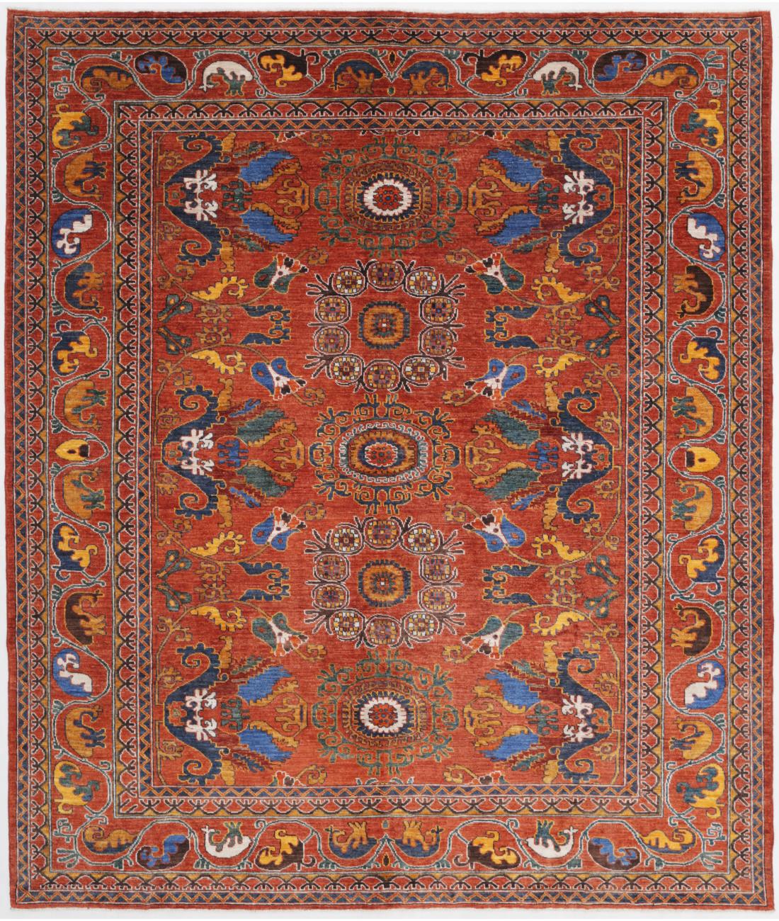 Hand Knotted Nomadic Caucasian Humna Wool Rug - 8'4'' x 9'8'' 8' 4" X 9' 8" ( 254 X 295 ) / Rust / Blue