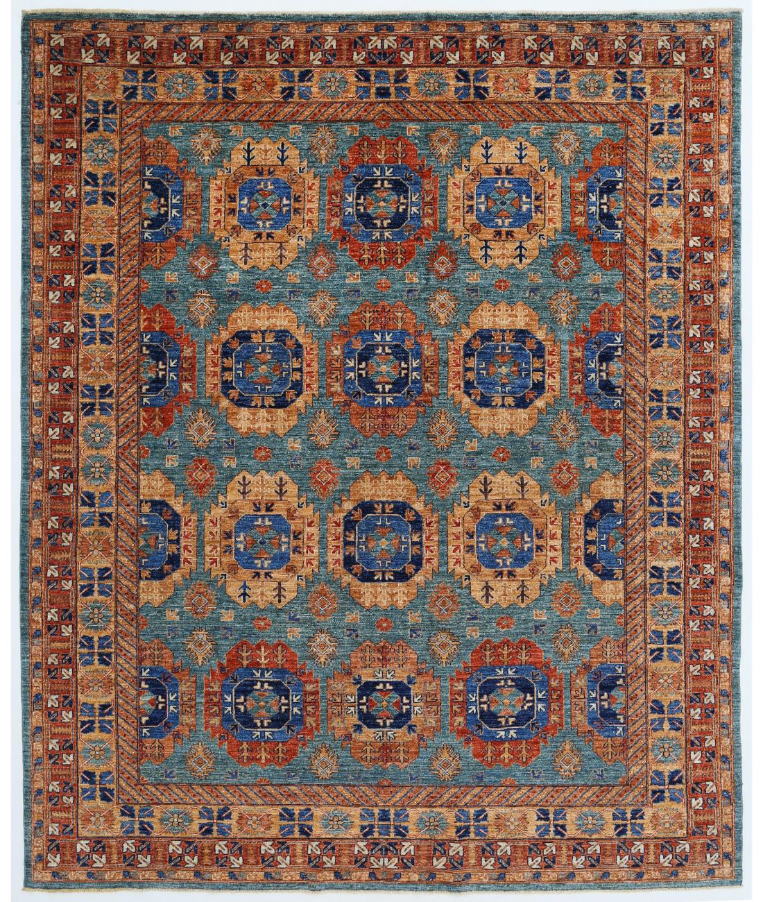 Hand Knotted Nomadic Caucasian Humna Wool Rug - 7'11'' x 9'9'' 7' 11" X 9' 9" ( 241 X 297 ) / Teal / Gold