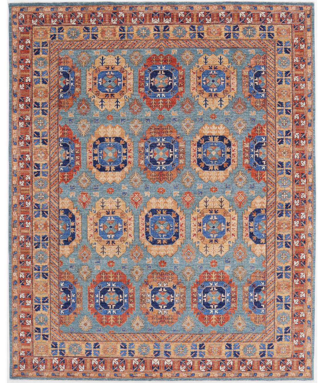 Hand Knotted Nomadic Caucasian Humna Wool Rug - 8'0'' x 9'11'' 8' 0" X 9' 11" ( 244 X 302 ) / Teal / Gold