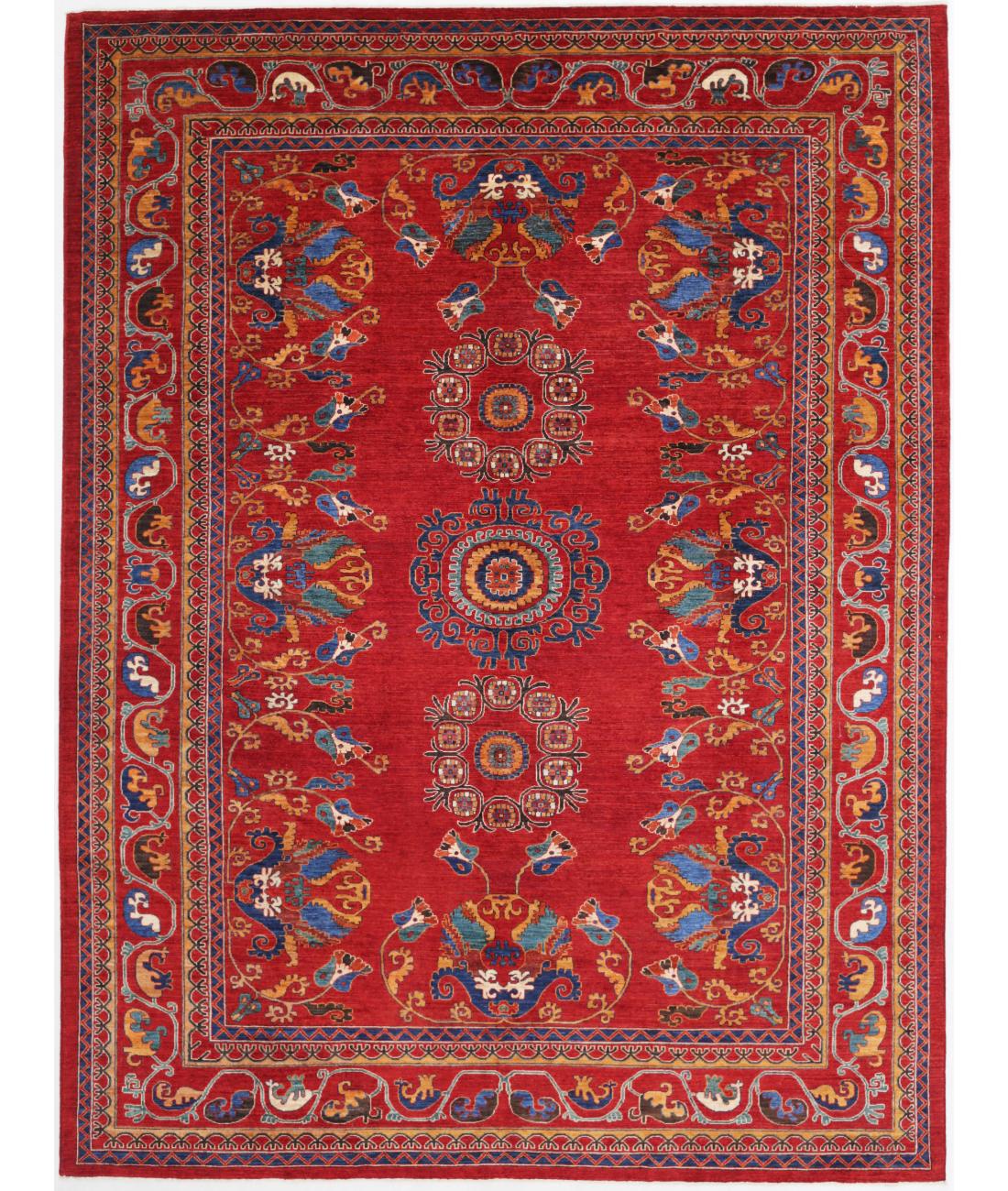Hand Knotted Nomadic Caucasian Humna Wool Rug - 10'5'' x 14'1'' 10' 5" X 14' 1" ( 318 X 429 ) / Red / Blue
