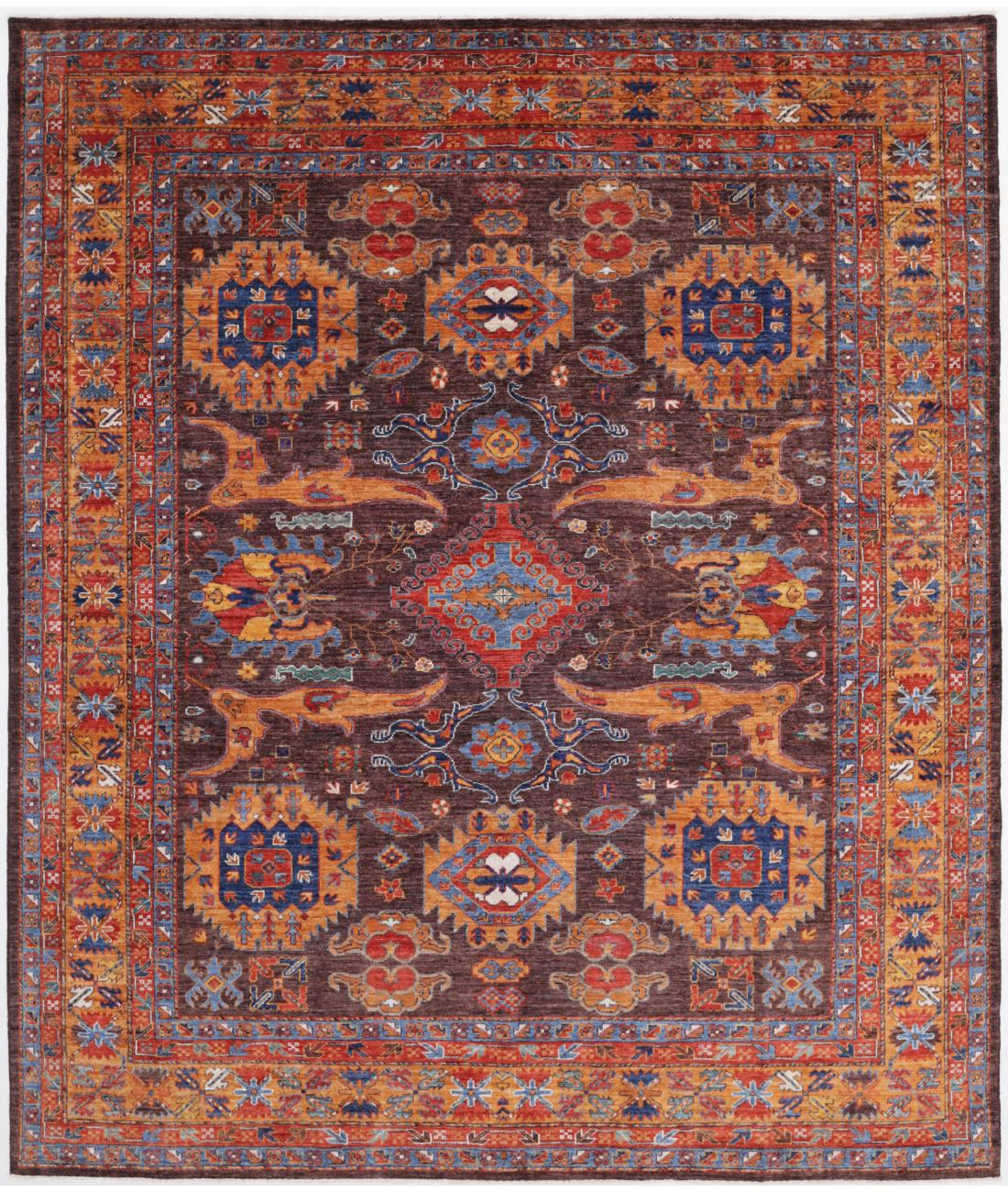 Hand Knotted Nomadic Caucasian Humna Wool Rug - 8'4'' x 9'9'' 8' 4" X 9' 9" ( 254 X 297 ) / Brown / Gold