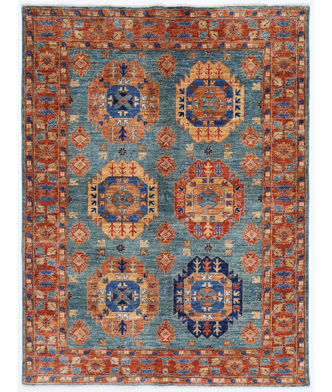 Hand Knotted Nomadic Caucasian Humna Wool Rug - 4'10'' x 6'6'' 4' 10" X 6' 6" ( 147 X 198 ) / Teal / Rust