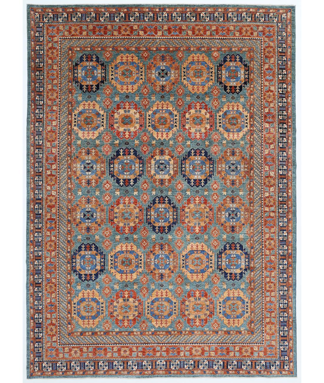 Hand Knotted Nomadic Caucasian Humna Wool Rug - 10'1'' x 14'0'' 10' 1" X 14' 0" ( 307 X 427 ) / Teal / Rust