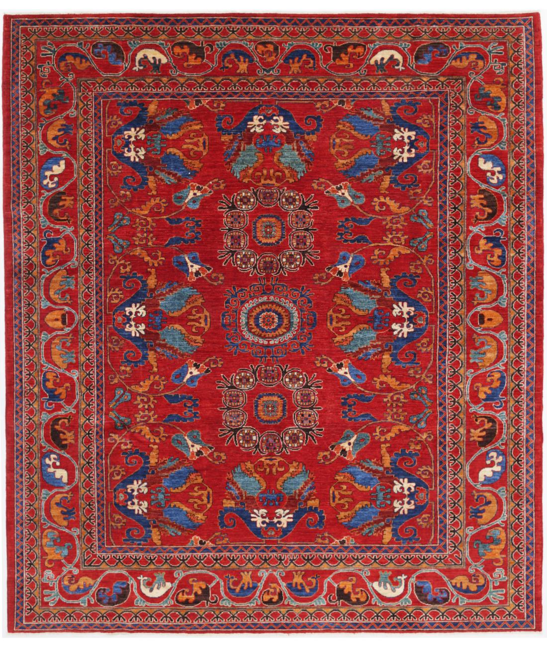 Hand Knotted Nomadic Caucasian Humna Wool Rug - 8'4'' x 9'8'' 8' 4" X 9' 8" ( 254 X 295 ) / Red / Blue