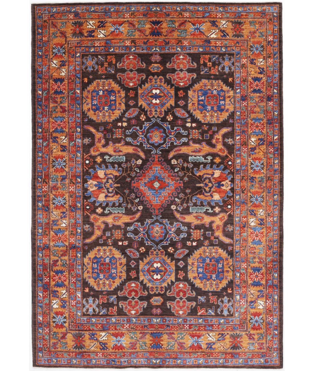 Hand Knotted Nomadic Caucasian Humna Wool Rug - 6'0'' x 8'1'' 6' 0" X 8' 1" ( 183 X 246 ) / Brown / Gold
