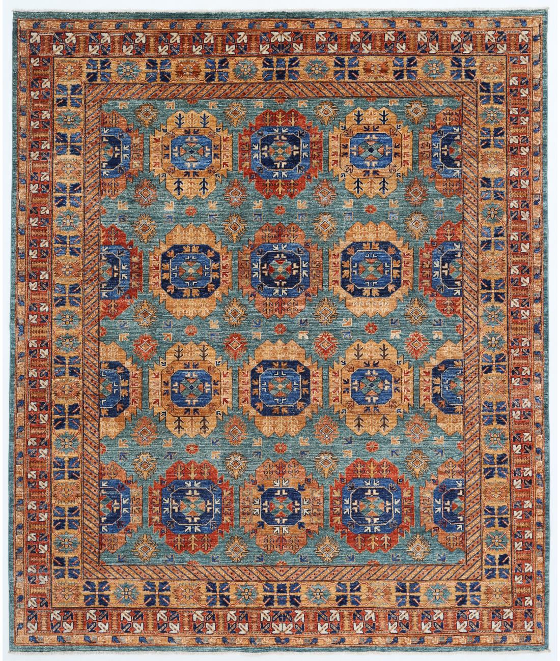 Hand Knotted Nomadic Caucasian Humna Wool Rug - 8'1'' x 9'8'' 8' 1" X 9' 8" ( 246 X 295 ) / Teal / Rust