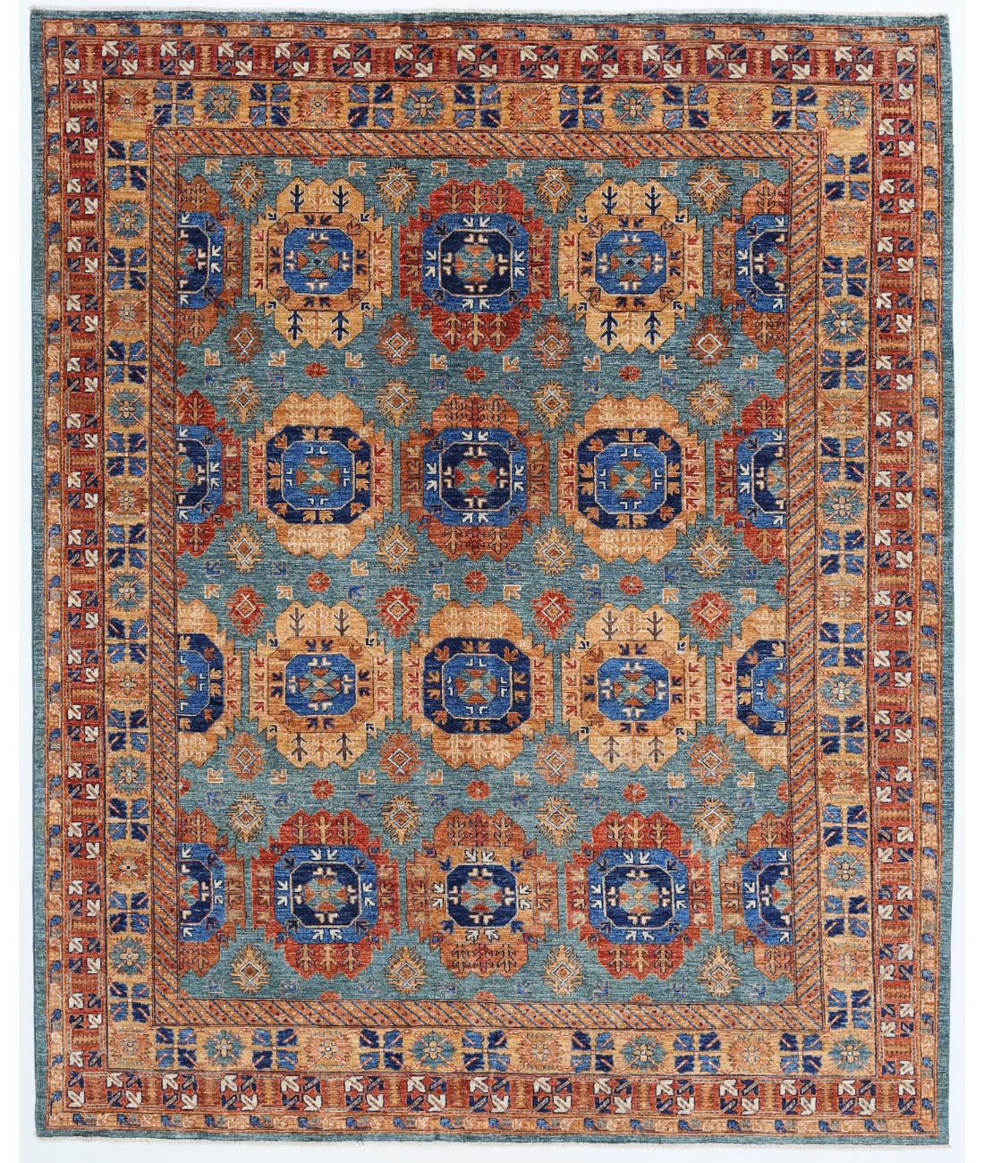 Hand Knotted Nomadic Caucasian Humna Wool Rug - 7'10'' x 9'8'' 7' 10" X 9' 8" ( 239 X 295 ) / Teal / Rust