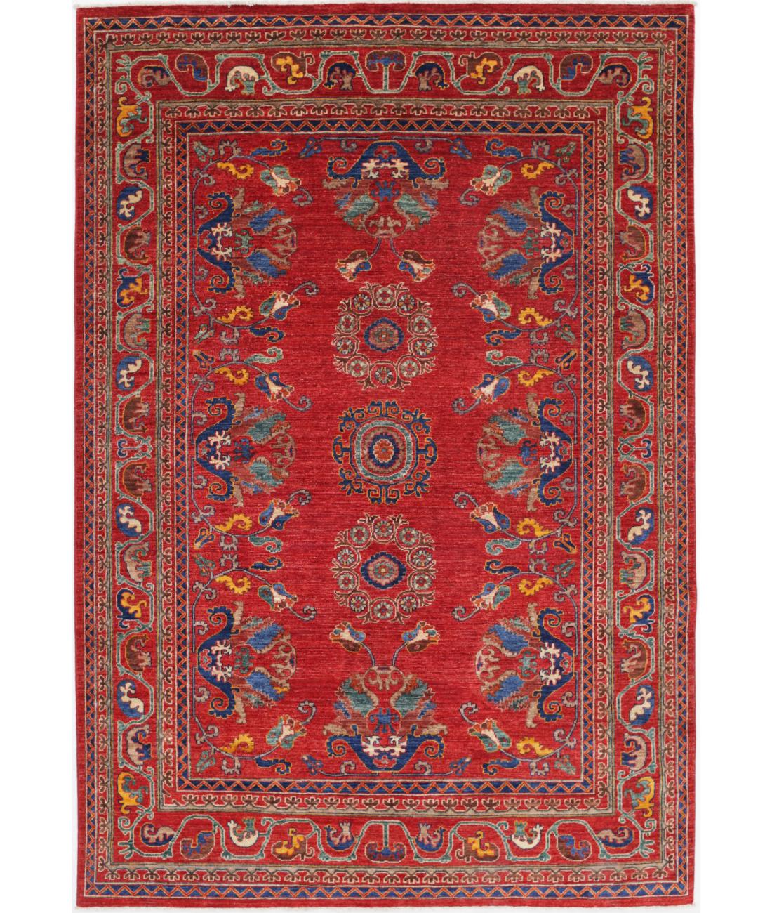 Hand Knotted Nomadic Caucasian Humna Wool Rug - 6'0'' x 8'9'' 6' 0" X 8' 9" ( 183 X 267 ) / Red / Blue