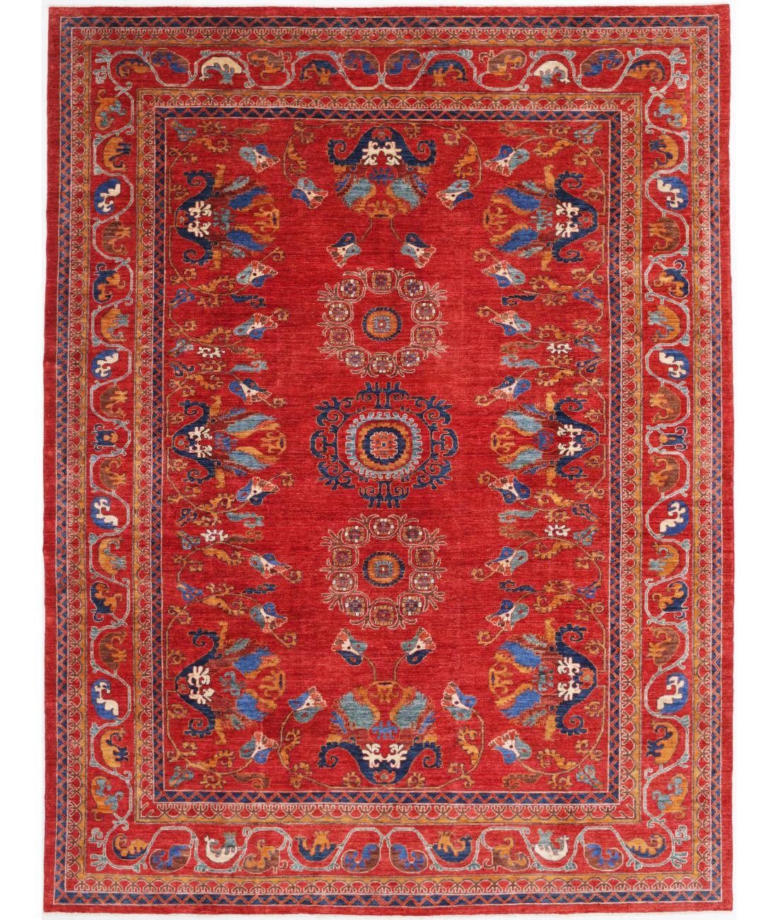Hand Knotted Nomadic Caucasian Humna Wool Rug - 10'3'' x 13'10'' 10' 3" X 13' 10" ( 312 X 422 ) / Red / Blue