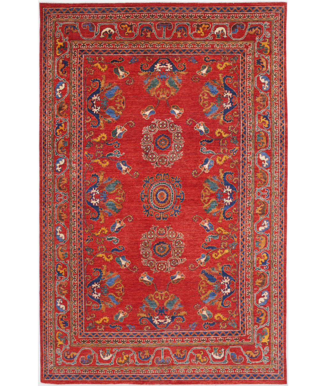 Hand Knotted Nomadic Caucasian Humna Wool Rug - 6'1'' x 9'7'' 6' 1" X 9' 7" ( 185 X 292 ) / Red / Blue