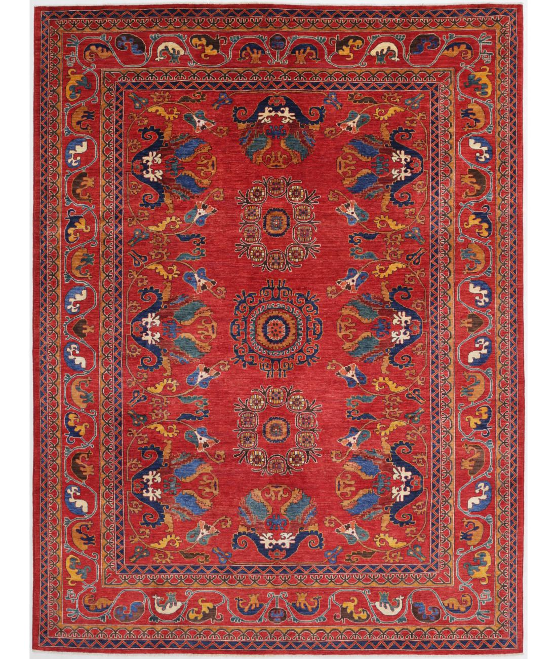 Hand Knotted Nomadic Caucasian Humna Wool Rug - 9'1'' x 12'0'' 9' 1" X 12' 0" ( 277 X 366 ) / Red / Blue