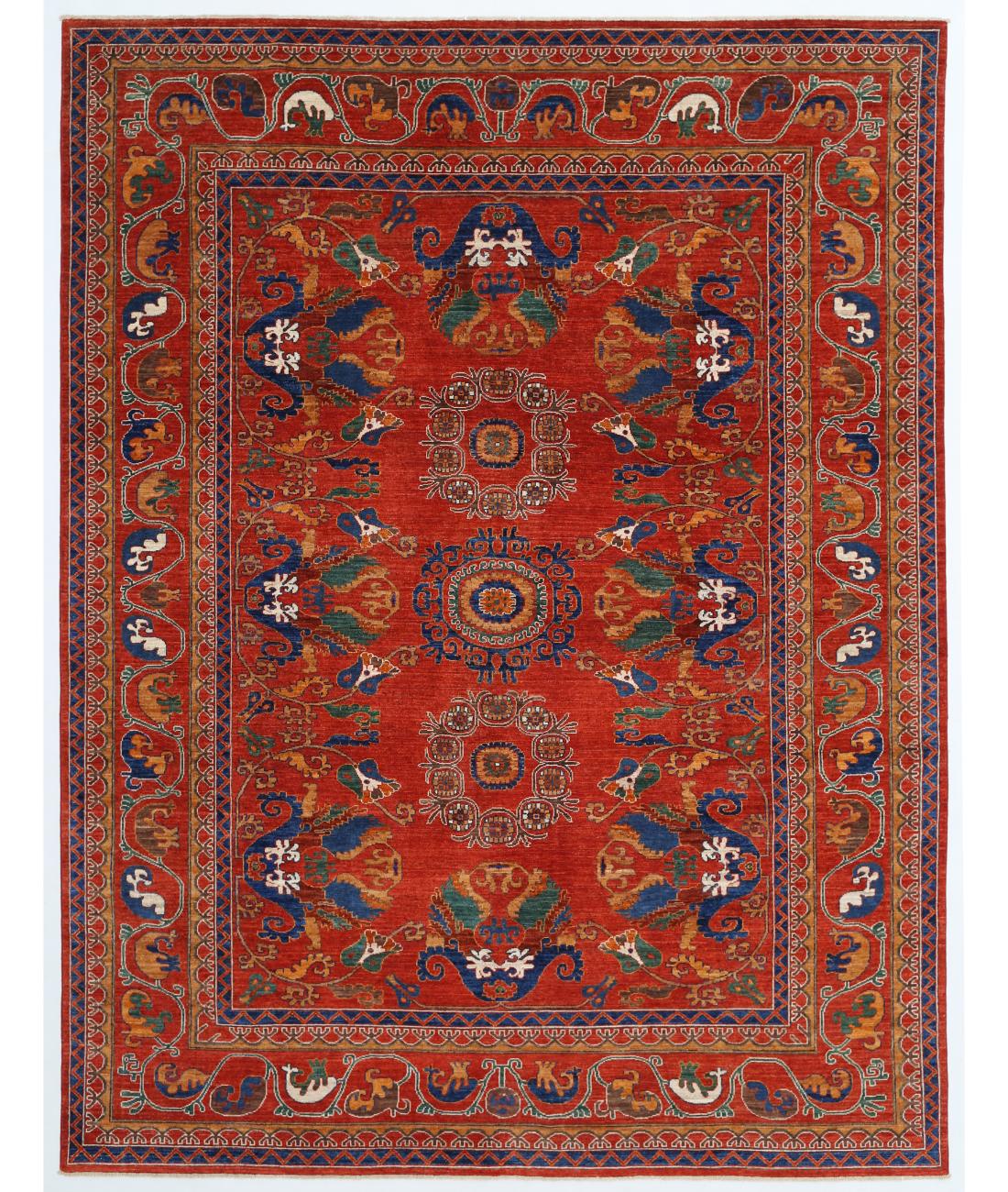Hand Knotted Nomadic Caucasian Humna Wool Rug - 9'0'' x 11'9'' 9' 0" X 11' 9" ( 274 X 358 ) / Red / Blue
