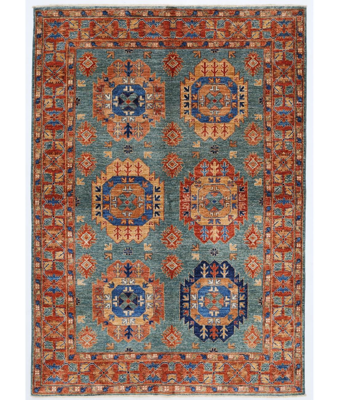 Hand Knotted Nomadic Caucasian Humna Wool Rug - 4'11'' x 7'0'' 4' 11" X 7' 0" ( 150 X 213 ) / Teal / Rust