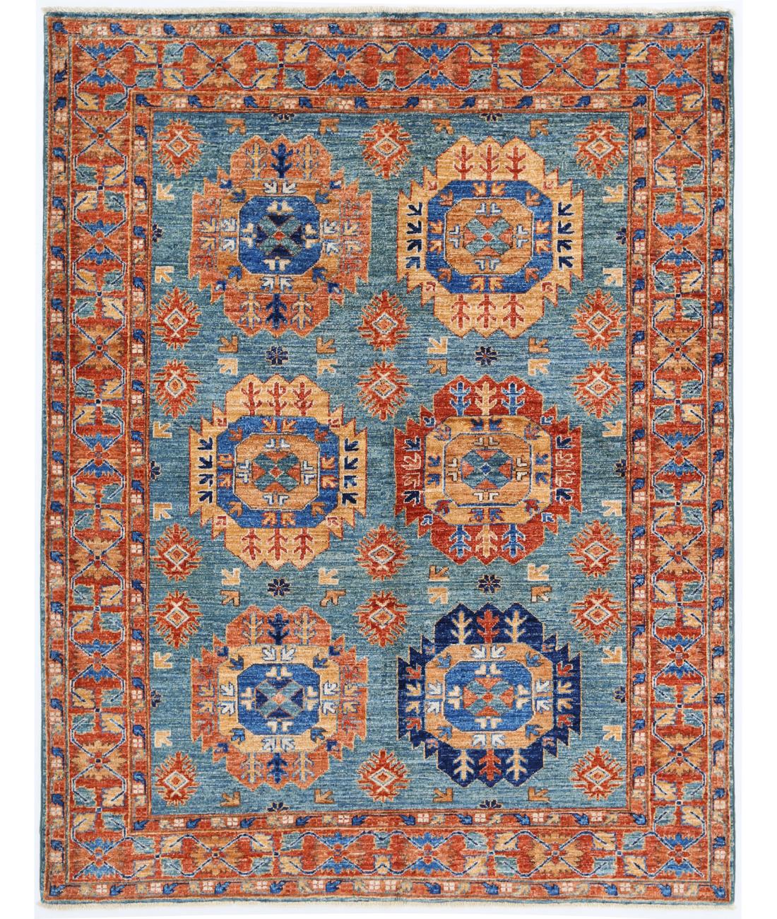 Hand Knotted Nomadic Caucasian Humna Wool Rug - 4'9'' x 6'3'' 4' 9" X 6' 3" ( 145 X 191 ) / Teal / Rust