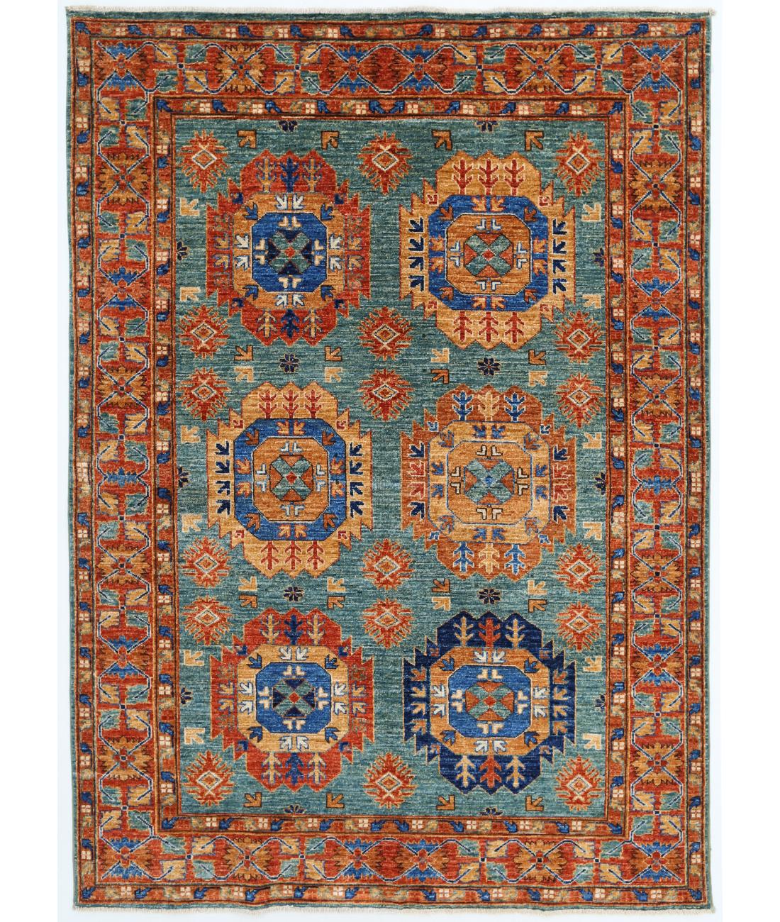 Hand Knotted Nomadic Caucasian Humna Wool Rug - 4'9'' x 6'6'' 4' 9" X 6' 6" ( 145 X 198 ) / Teal / Rust