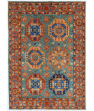 Hand Knotted Nomadic Caucasian Humna Wool Rug - 4'9'' x 6'6'' 4' 9" X 6' 6" ( 145 X 198 ) / Teal / Rust