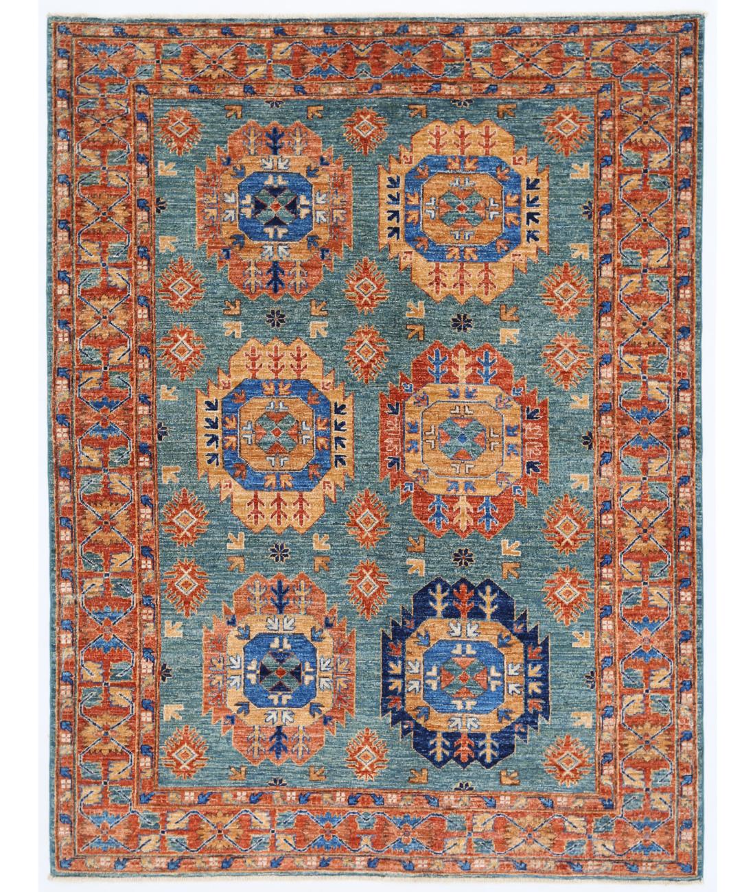 Hand Knotted Nomadic Caucasian Humna Wool Rug - 5'0'' x 6'7'' 5' 0" X 6' 7" ( 152 X 201 ) / Teal / Rust