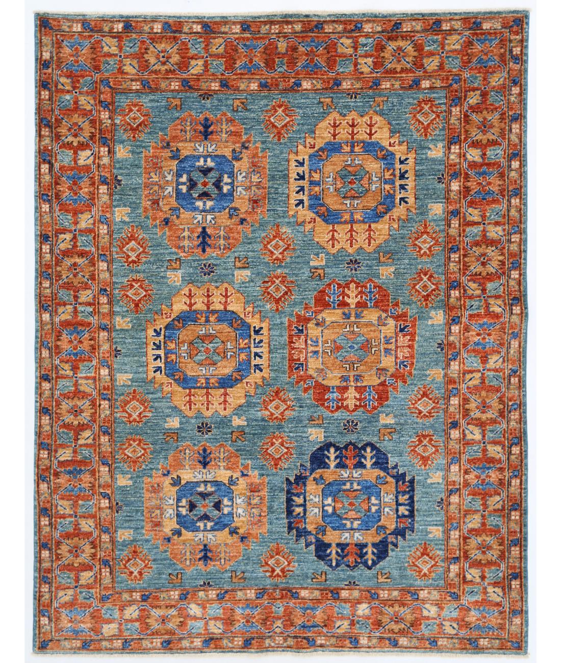 Hand Knotted Nomadic Caucasian Humna Wool Rug - 4'11'' x 6'6'' 4' 11" X 6' 6" ( 150 X 198 ) / Teal / Rust