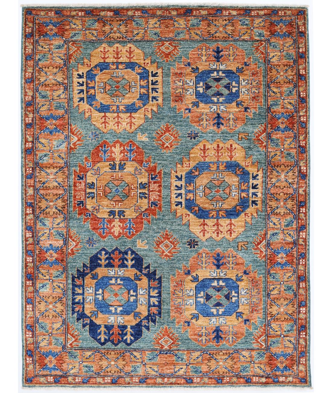 Hand Knotted Nomadic Caucasian Humna Wool Rug - 4'1'' x 5'5'' 4' 1" X 5' 5" ( 124 X 165 ) / Teal / Rust