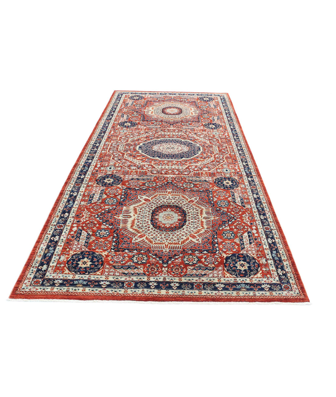 Mamluk 4'11'' X 10'9'' Hand-Knotted Wool Rug 4'11'' x 10'9'' (148 X 323) / Rust / Blue