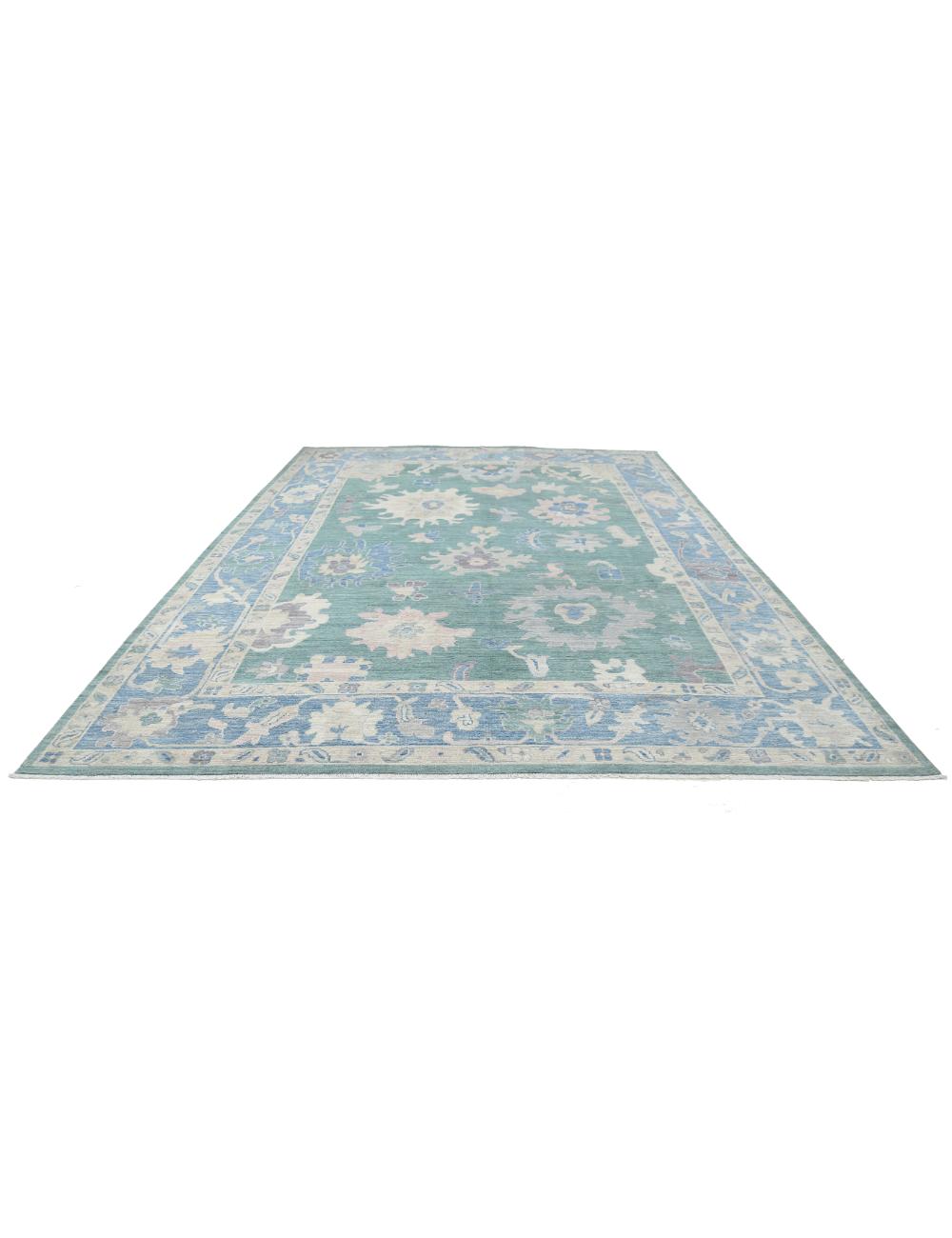 Oushak 10' 6" X 14' 6" Hand-Knotted Wool Rug 10' 6" X 14' 6" (320 X 442) / Green / Blue