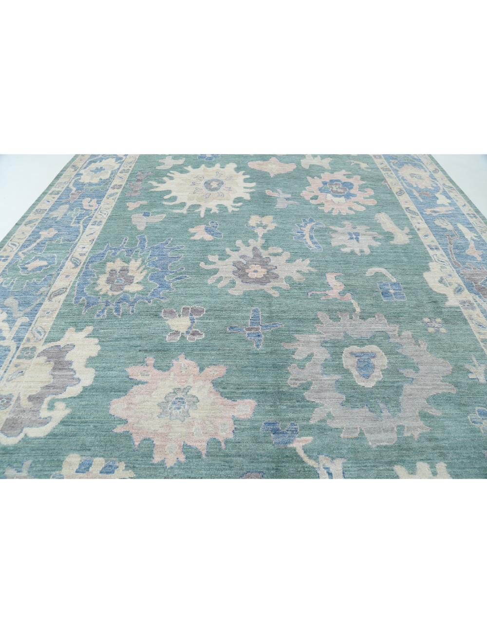 Oushak 10' 6" X 14' 6" Hand-Knotted Wool Rug 10' 6" X 14' 6" (320 X 442) / Green / Blue