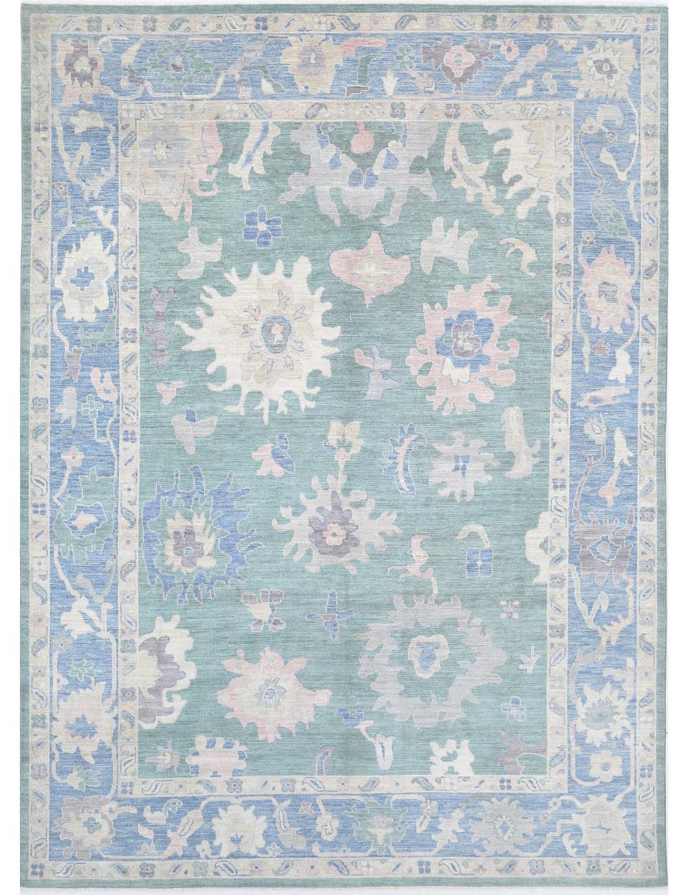 Oushak 10' 6" X 14' 6" Hand-Knotted Wool Rug 10' 6" X 14' 6" (320 X 442) / Green / Blue