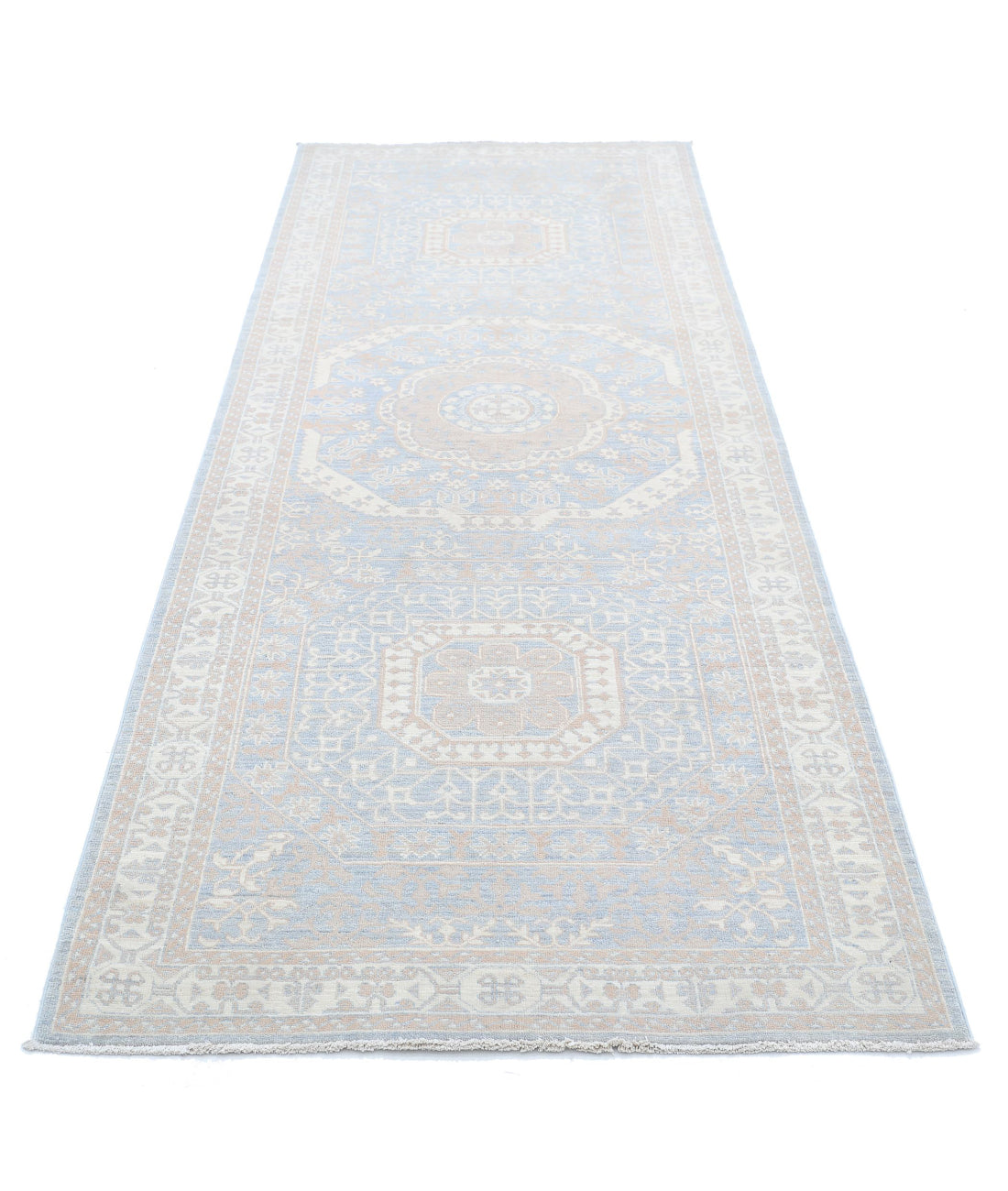 Mamluk 3'5'' X 9'5'' Hand-Knotted Wool Rug 3'5'' x 9'5'' (103 X 283) / Teal / Ivory