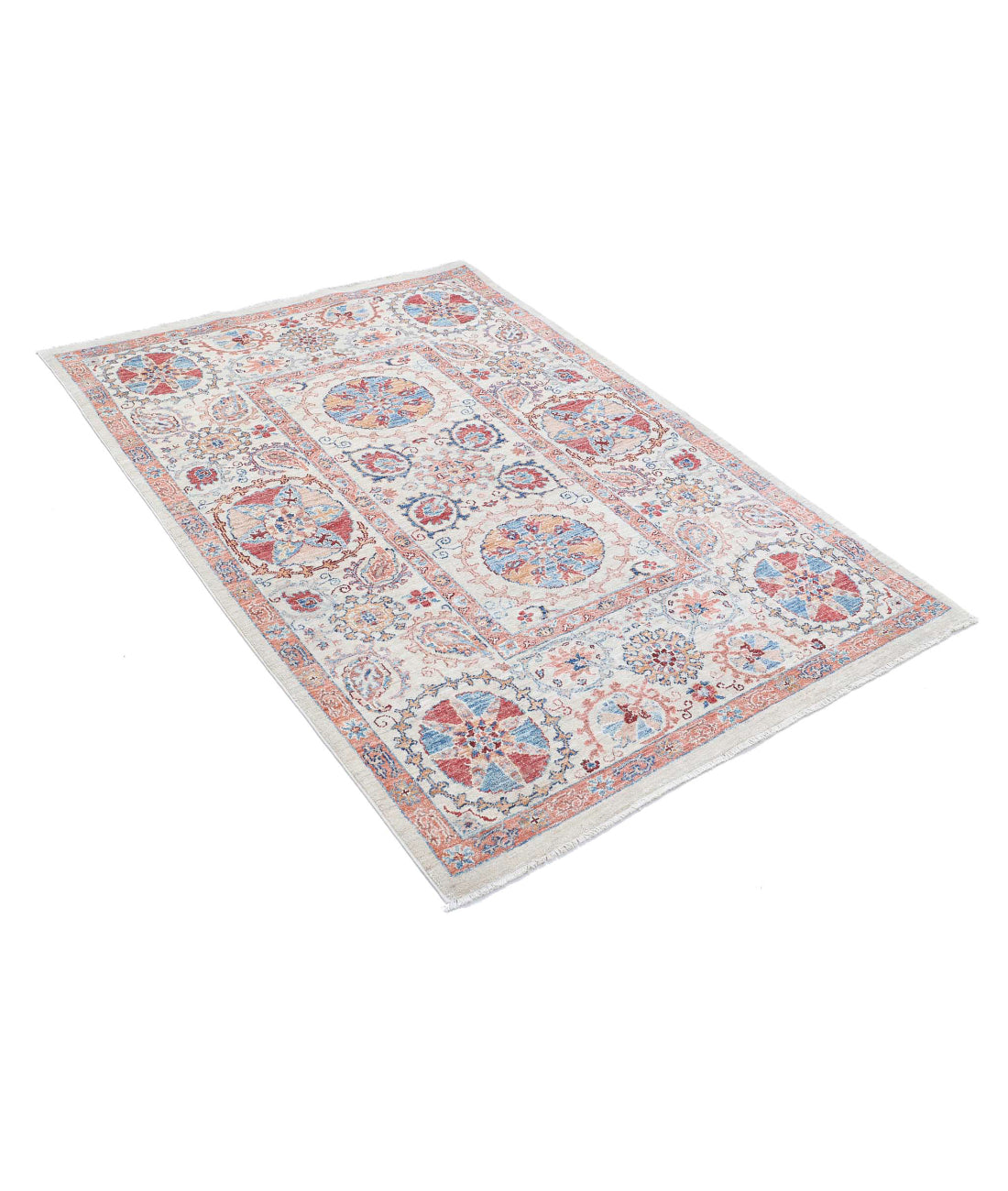 Suzani 4'0'' X 5'8'' Hand-Knotted Wool Rug 4'0'' x 5'8'' (120 X 170) / Ivory / Blue