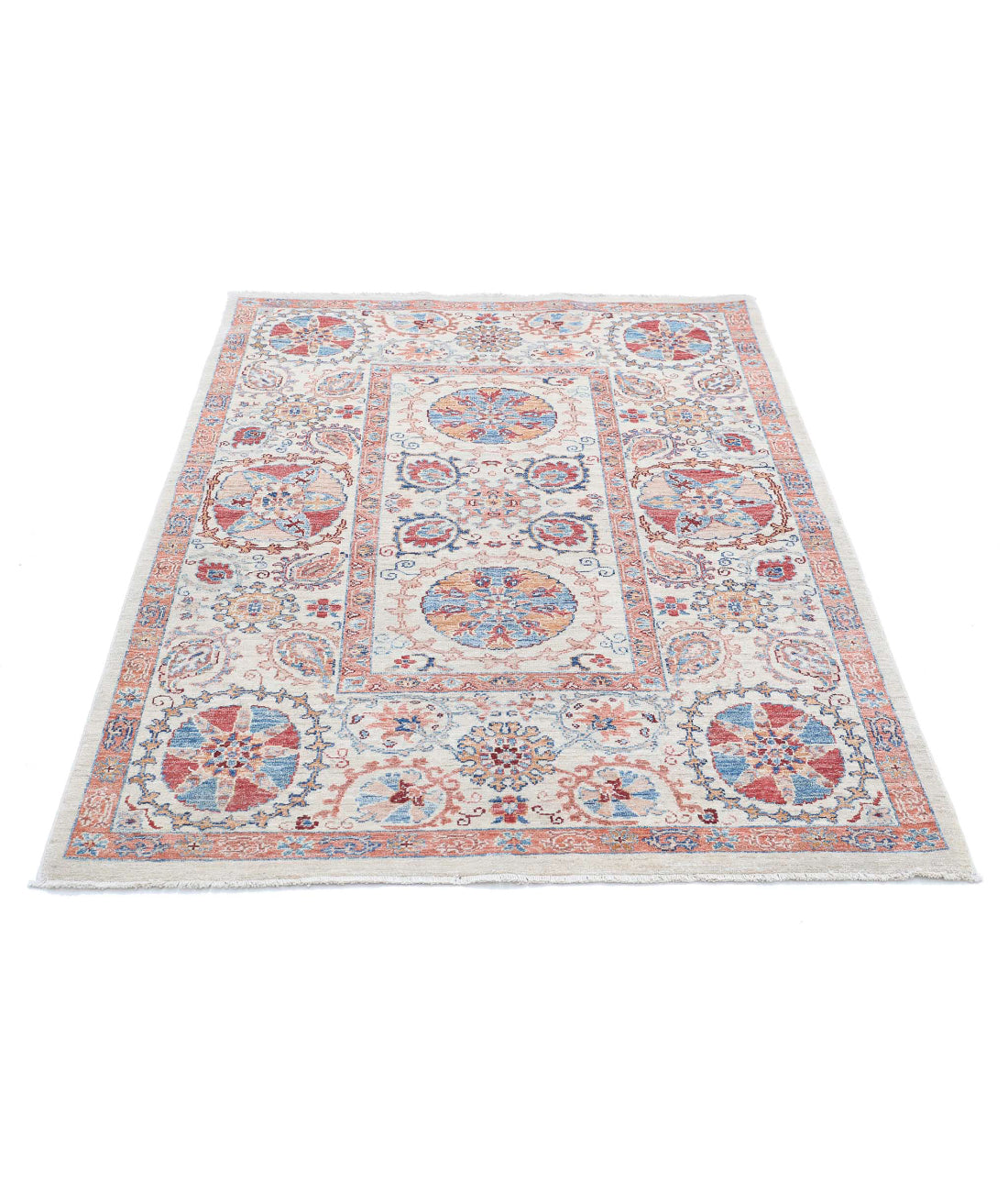 Suzani 4'0'' X 5'8'' Hand-Knotted Wool Rug 4'0'' x 5'8'' (120 X 170) / Ivory / Blue