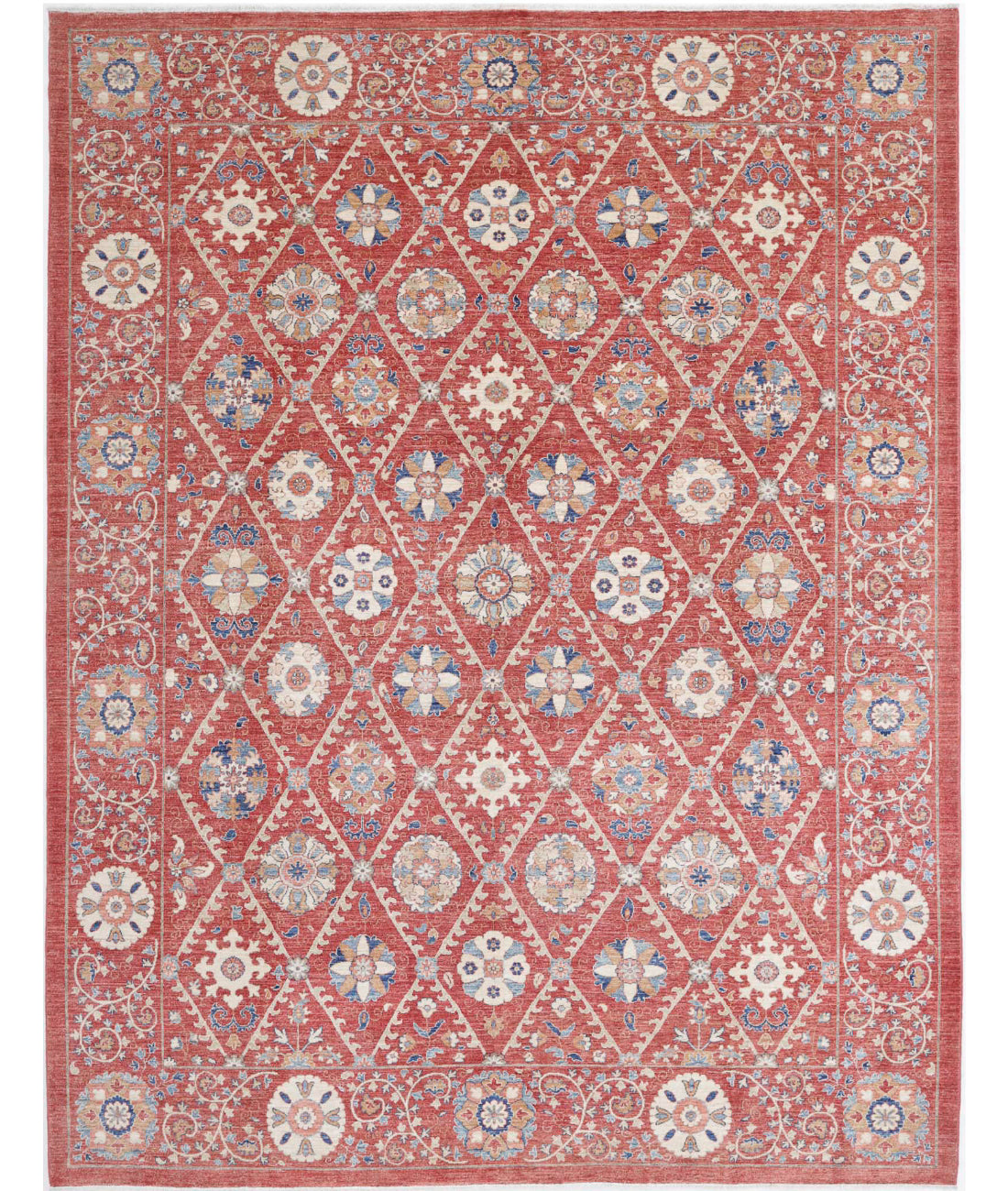 Suzani 9'0'' X 11'6'' Hand-Knotted Wool Rug 9'0'' x 11'6'' (270 X 345) / Red / Ivory