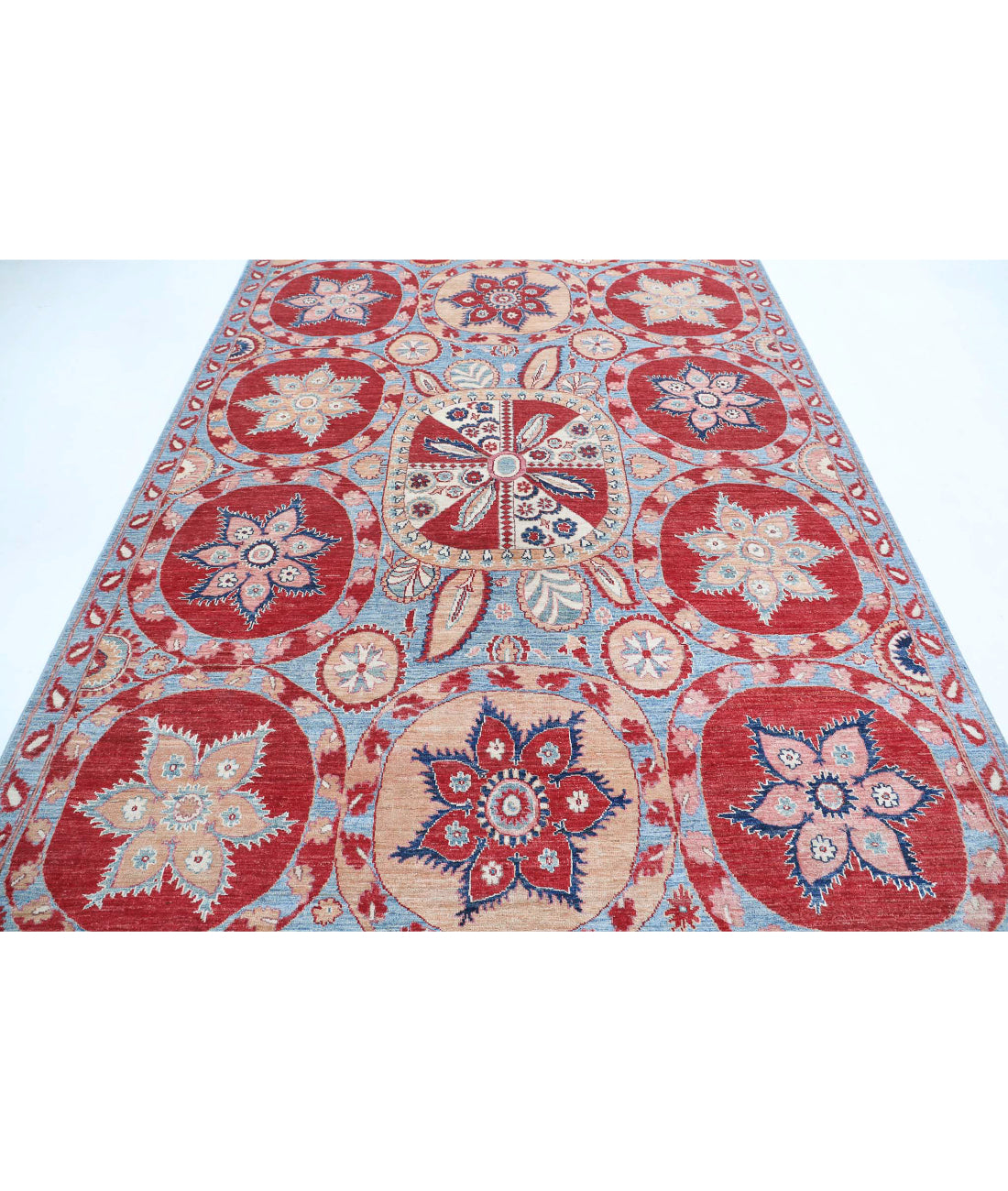 Suzani 6'8'' X 9'7'' Hand-Knotted Wool Rug 6'8'' x 9'7'' (200 X 288) / Teal / Red