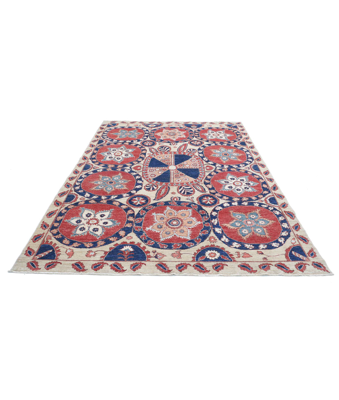 Suzani 6'7'' X 9'7'' Hand-Knotted Wool Rug 6'7'' x 9'7'' (198 X 288) / Ivory / Blue