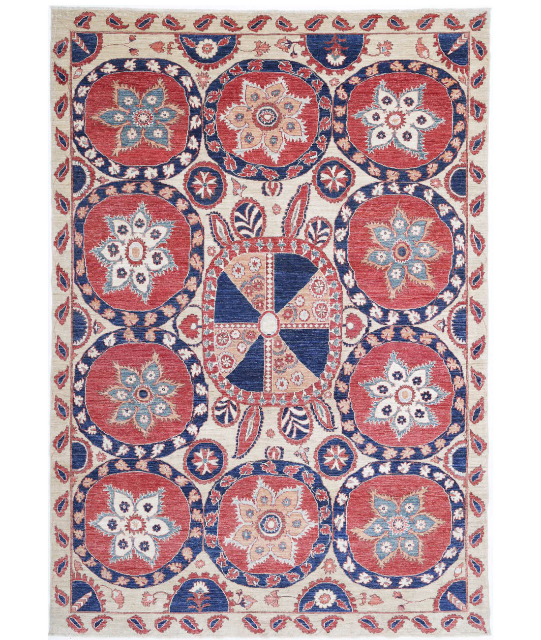 Suzani 6'7'' X 9'7'' Hand-Knotted Wool Rug 6'7'' x 9'7'' (198 X 288) / Ivory / Blue