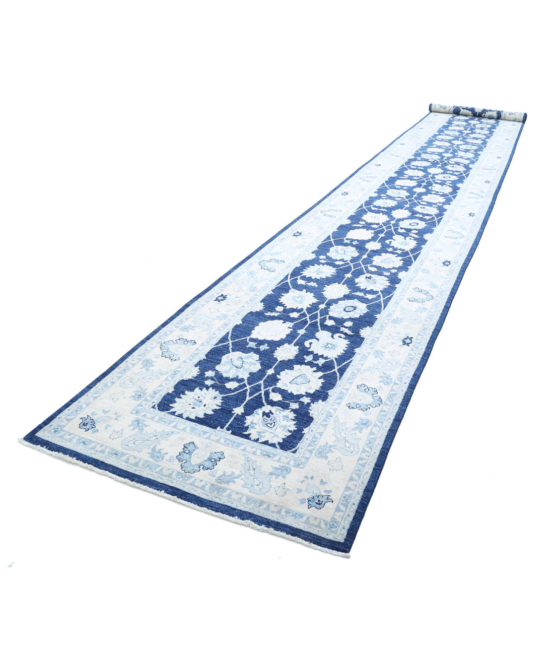 Ziegler 4'0'' X 26'9'' Hand-Knotted Wool Rug 4'0'' x 26'9'' (120 X 803) / Blue / Ivory