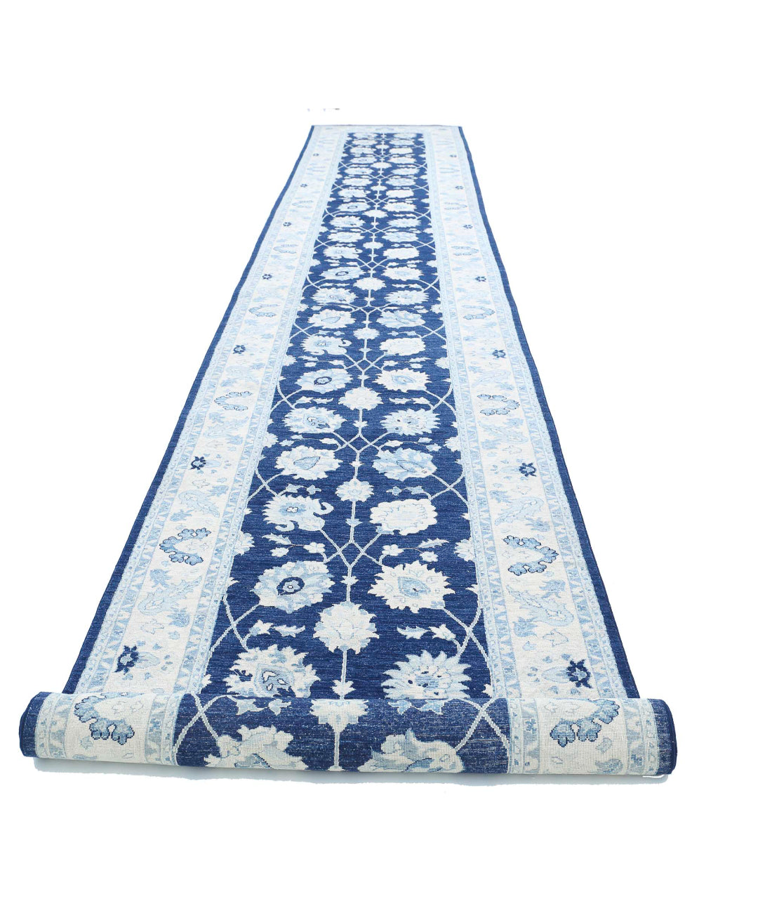 Ziegler 4'0'' X 26'9'' Hand-Knotted Wool Rug 4'0'' x 26'9'' (120 X 803) / Blue / Ivory