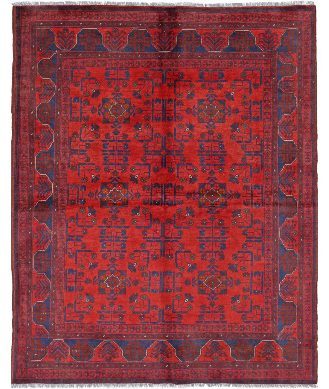 Afghan 4' 10" X 6' 4" Hand-Knotted Wool Rug 4' 10" X 6' 4" (147 X 193) / Red / Blue