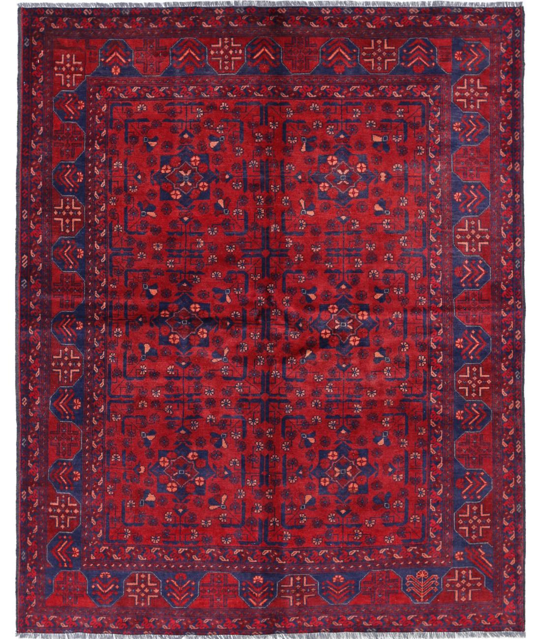 Afghan 4' 11" X 6' 4" Hand-Knotted Wool Rug 4' 11" X 6' 4" (150 X 193) / Red / Blue