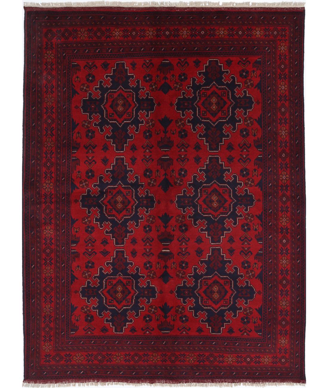 Afghan 5' 0" X 6' 8" Hand-Knotted Wool Rug 5' 0" X 6' 8" (152 X 203) / Red / Blue