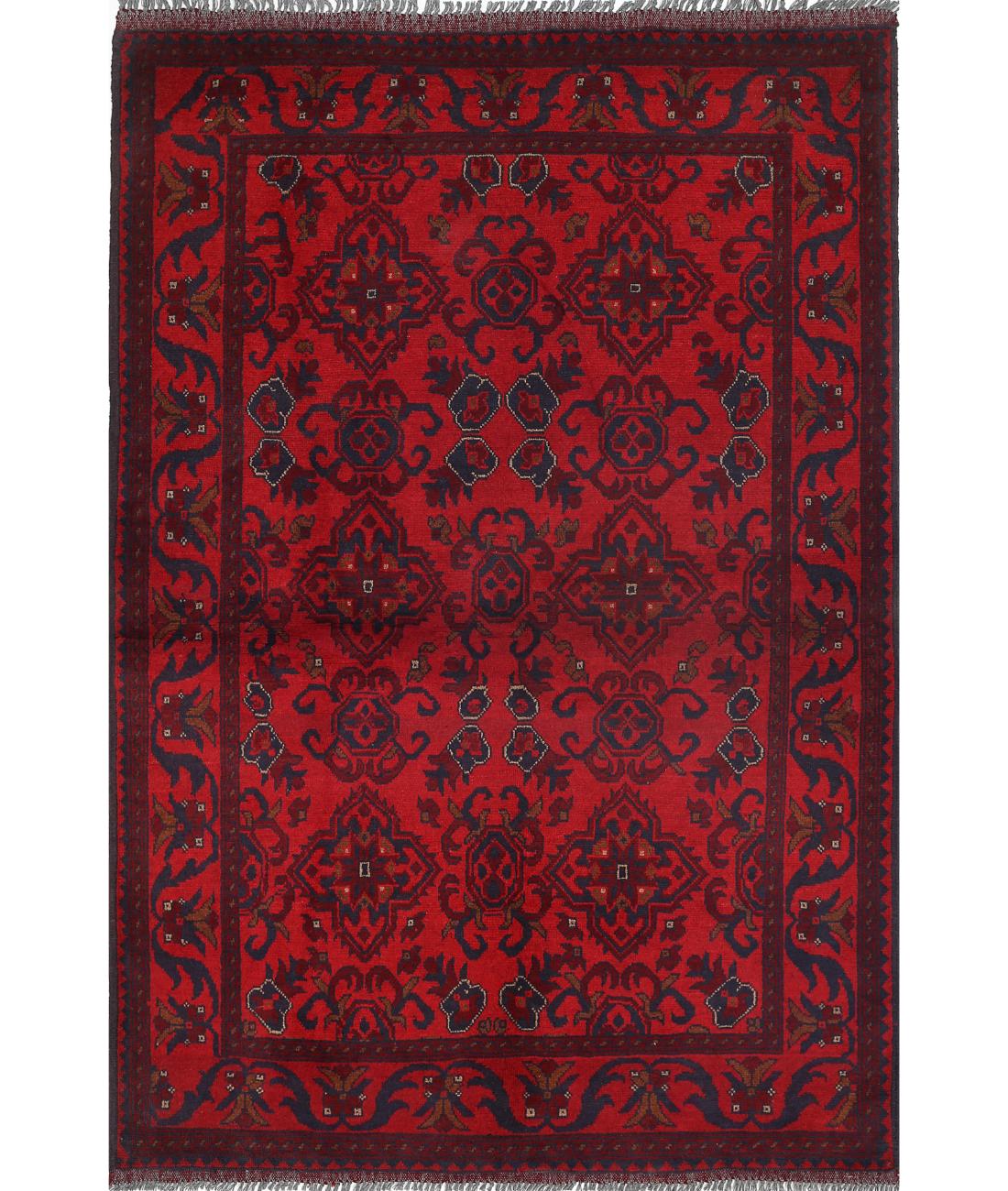 Afghan 4' 2" X 6' 4" Hand-Knotted Wool Rug 4' 2" X 6' 4" (127 X 193) / Red / Blue