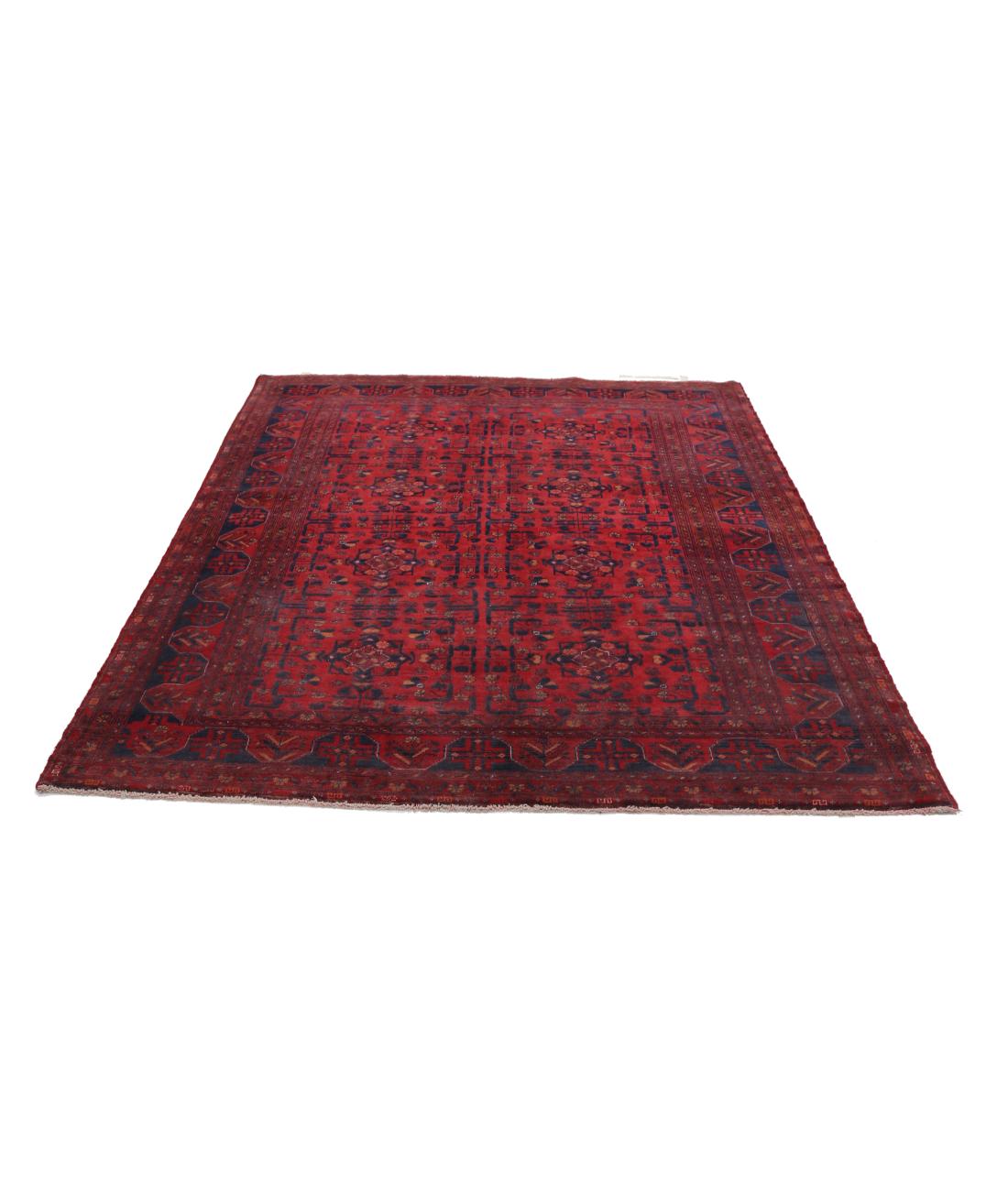 Afghan 4' 9" X 5' 11" Hand-Knotted Wool Rug 4' 9" X 5' 11" (145 X 180) / Red / Blue