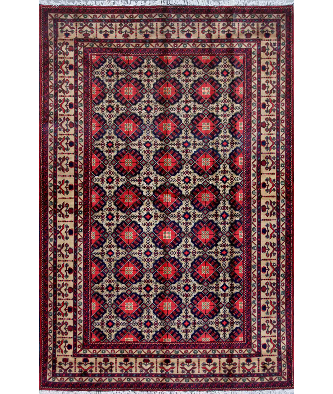 Hand Knotted Afghan Wool Rug 6' 6" X 9' 1" 6' 6" X 9' 1" (198 X 277) / Red / Blue