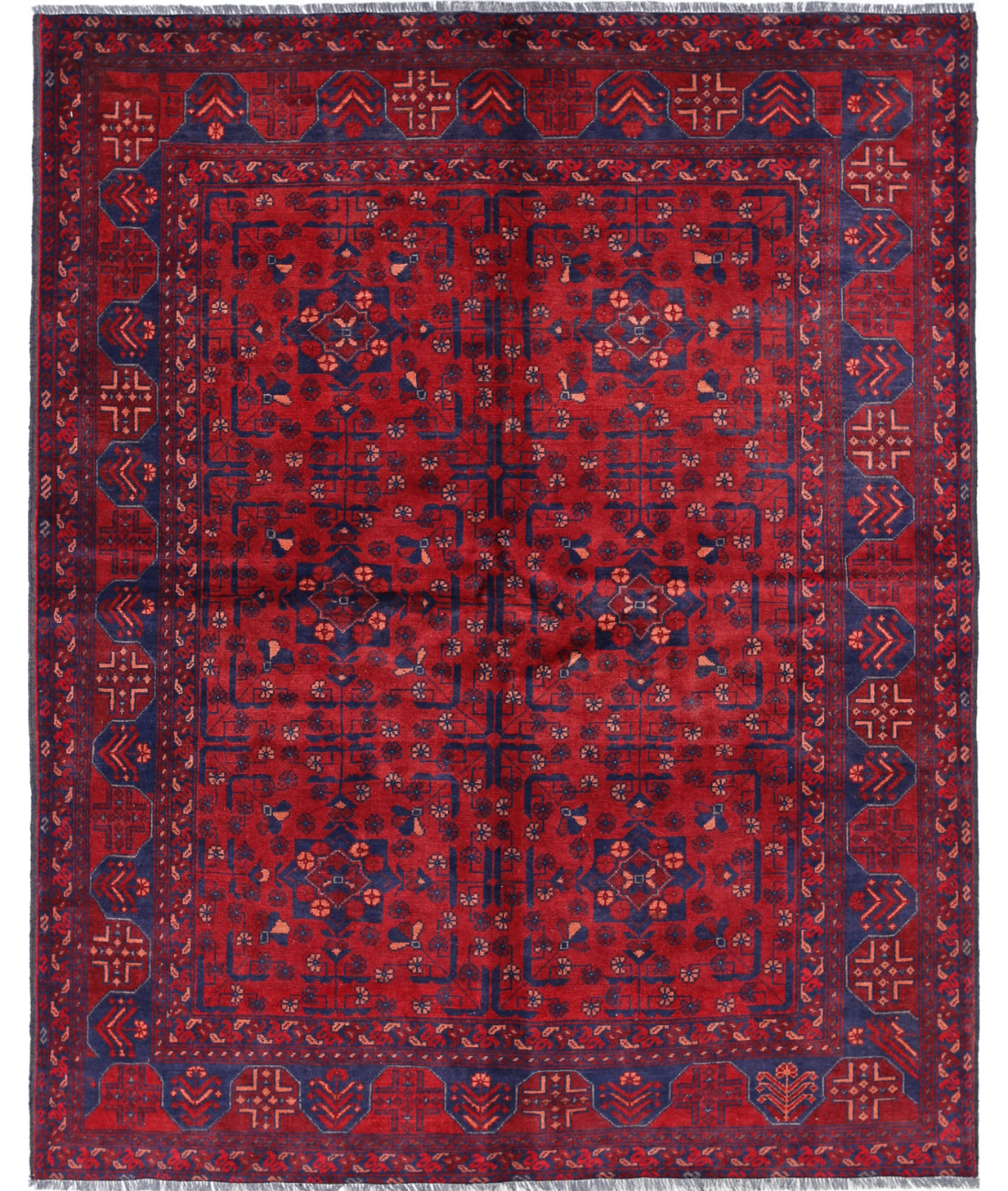 Afghan 4' 11" X 6' 4" Hand-Knotted Wool Rug 4' 11" X 6' 4" (150 X 193) / Red / Blue