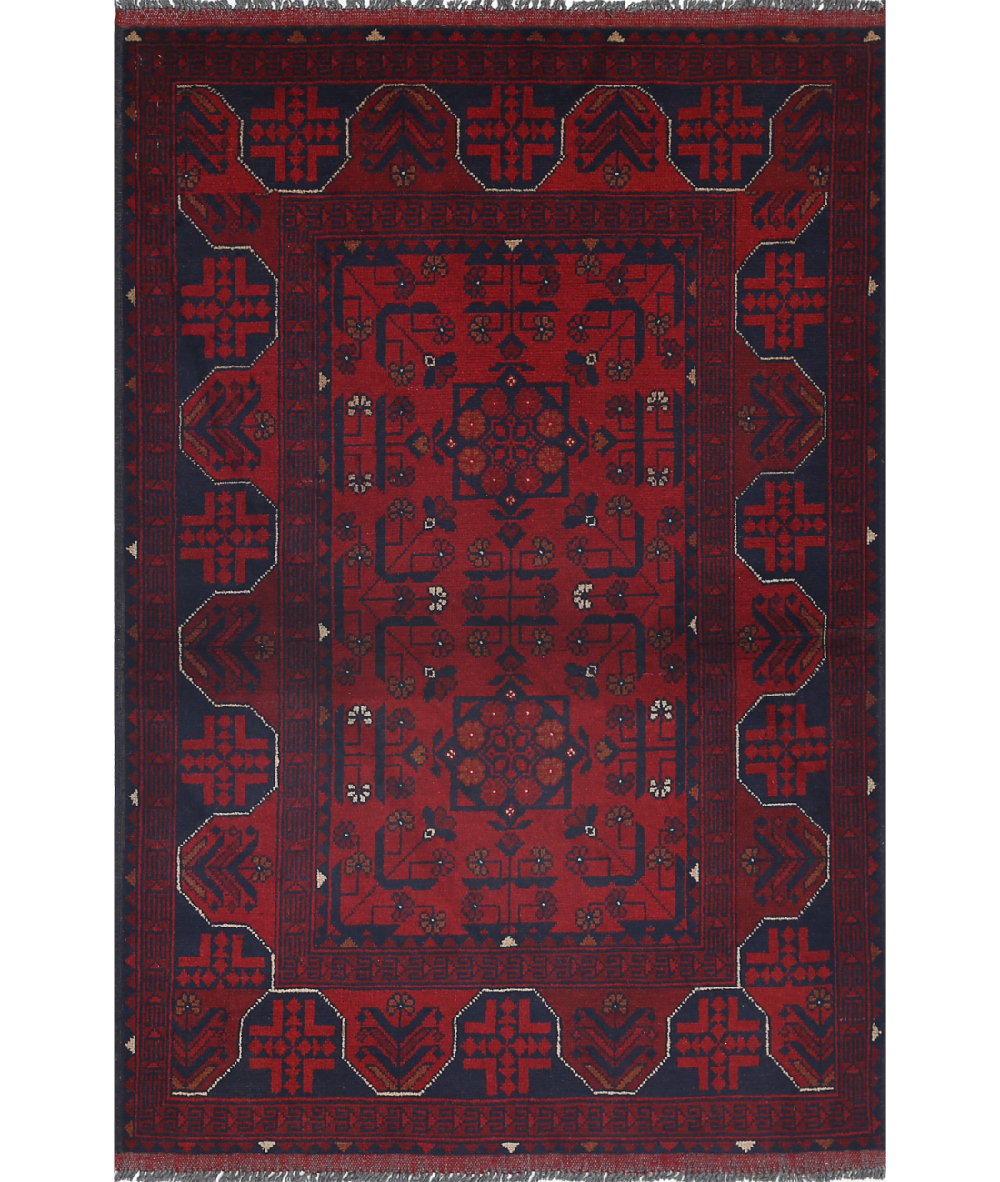 Afghan 3' 4" X 4' 11" Hand-Knotted Wool Rug 3' 4" X 4' 11" (102 X 150) / Red / Blue