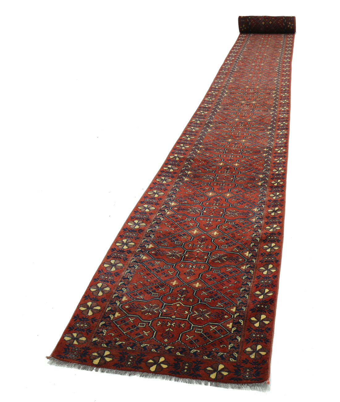 Afghan 2' 7" X 47' 7" Hand-Knotted Wool Rug 2' 7" X 47' 7" (79 X 1450) / Rust / Blue
