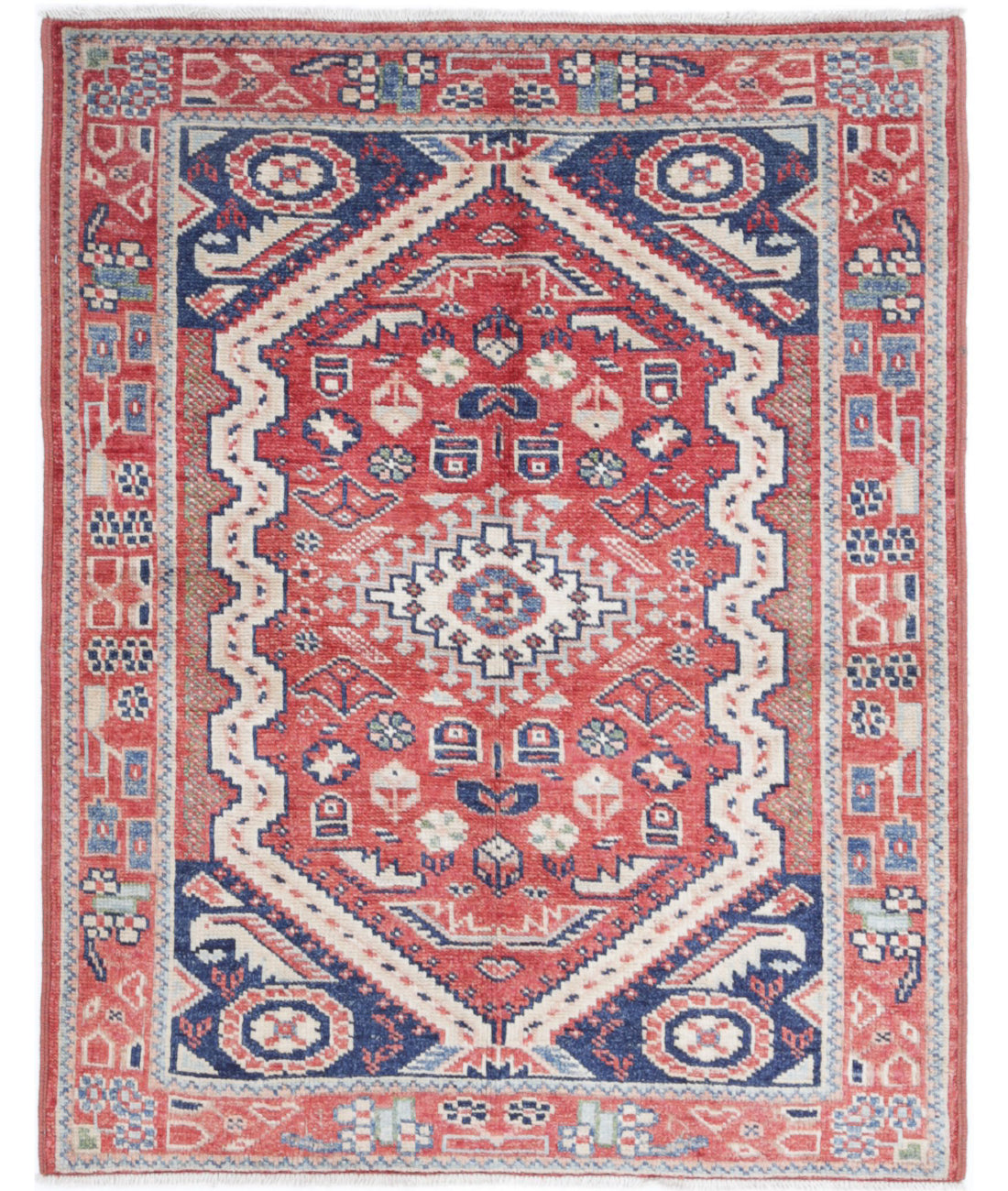 Kazak 3'4'' X 4'4'' Hand-Knotted Wool Rug 3'4'' x 4'4'' (100 X 130) / Rust / Blue