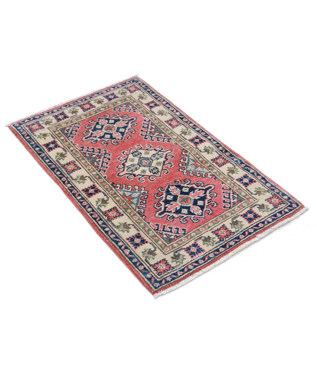 Kazak 1'10'' X 3'0'' Hand-Knotted Wool Rug 1'10'' x 3'0'' (55 X 90) / Red / Ivory